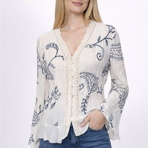 Sunny Leigh Cream Blouse with Navy Floral Embroidery | Women's Large